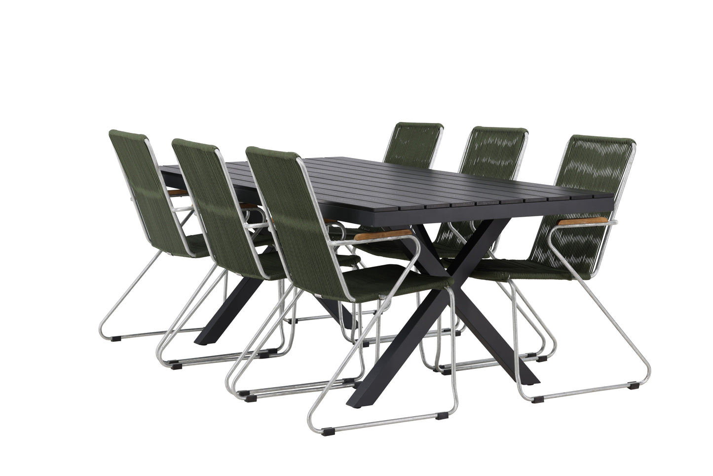 Garcia - Spisebord, Aluminium - Sort / Rektangulær 100*200* + Bois stol Stål - Sølv / Grønt Reb
